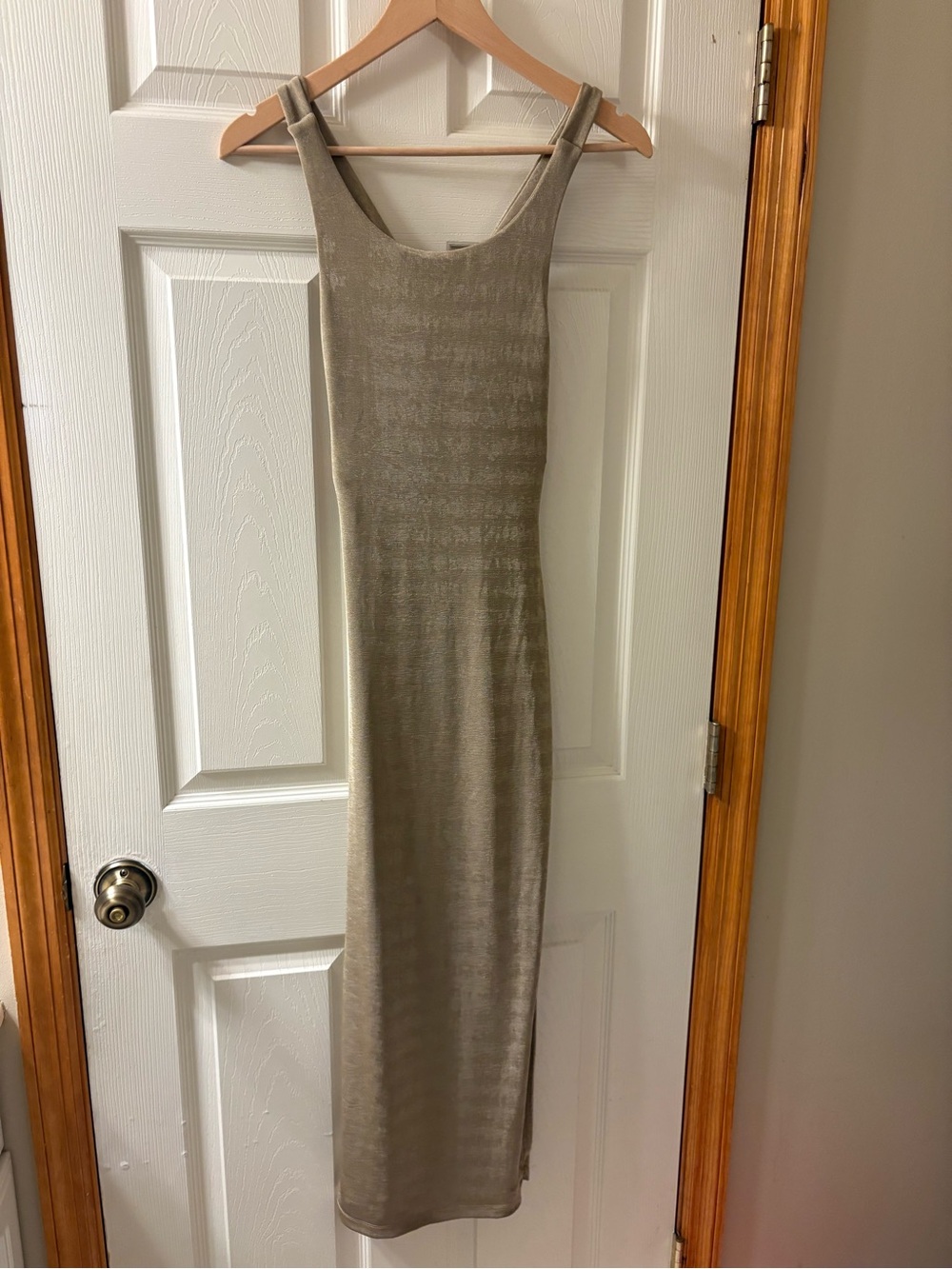 Hello Molly Metallic Taupe Gold Maxi Dress Size 4 Sleeveless Bodycon